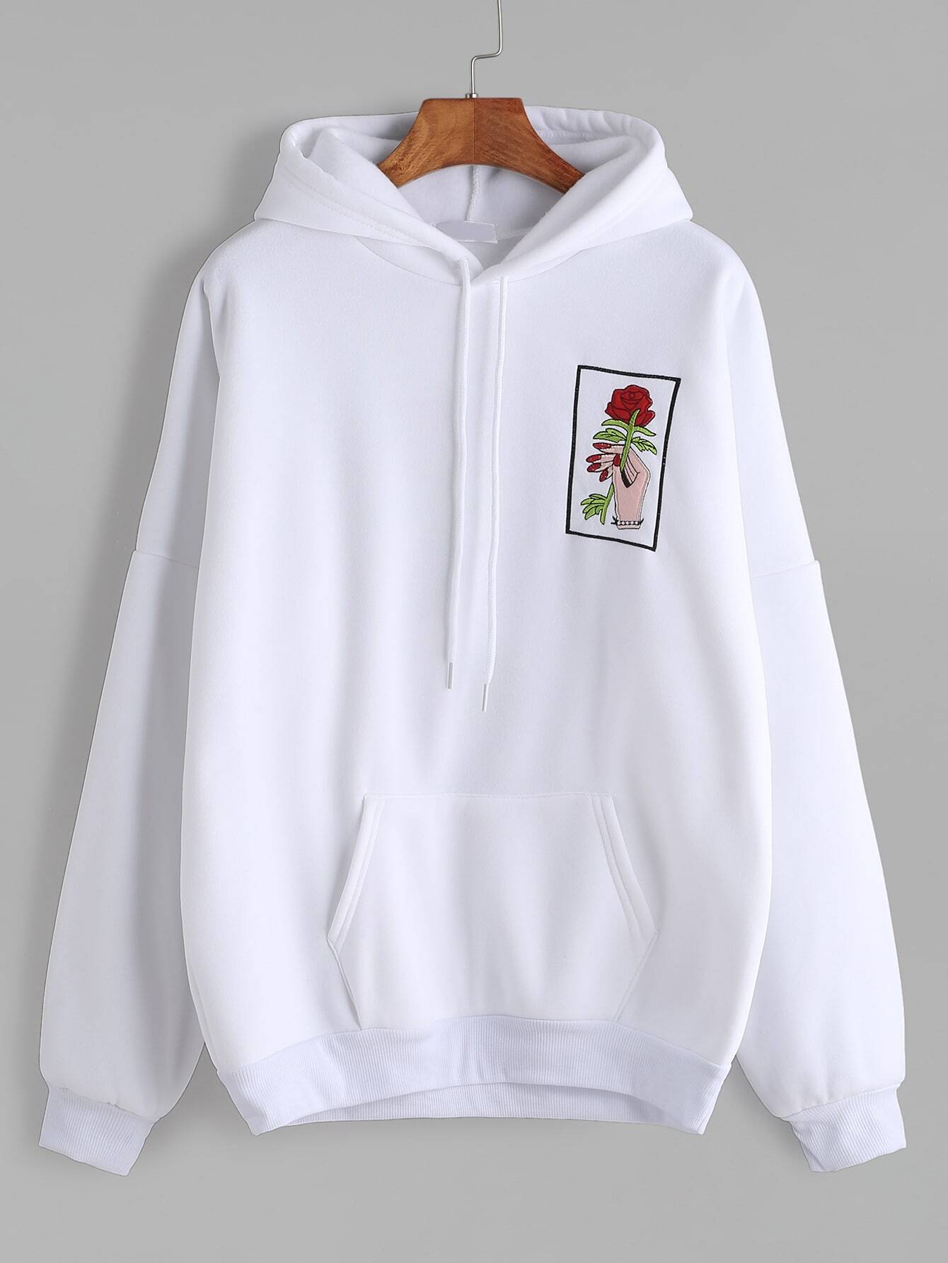 White Drop Shoulder Hand Rose Embroidery Hooded Pocket SweatshirtFor ...