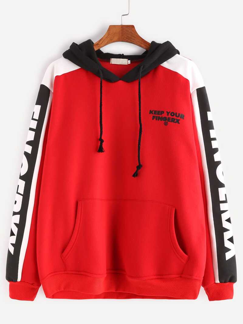 

Red Contrast Letter Print Drawstring Hooded Pocket Sweatshirt