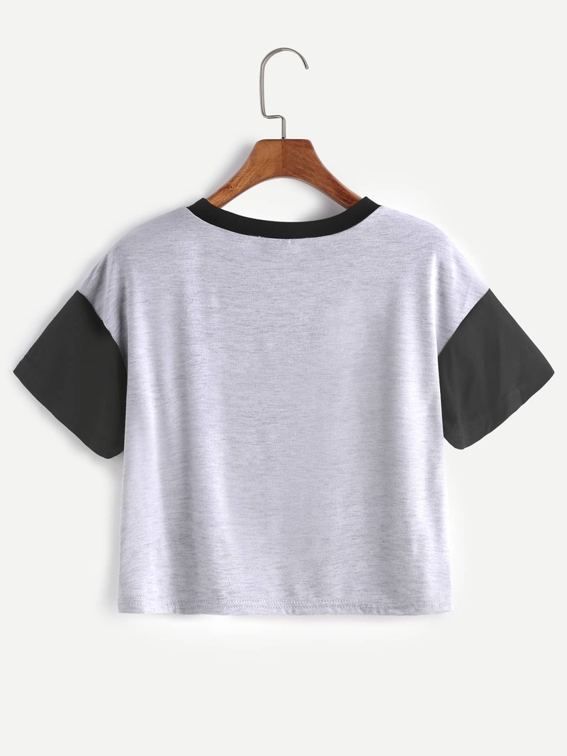 

Grey Contrast Trim Letter Print Crop T-shirt, Multicolor