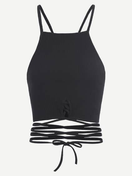 Black Lace Up Crop Cami Top