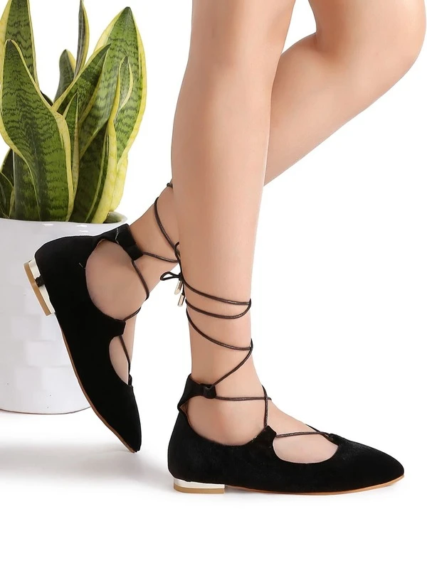 black pointed lace up flats