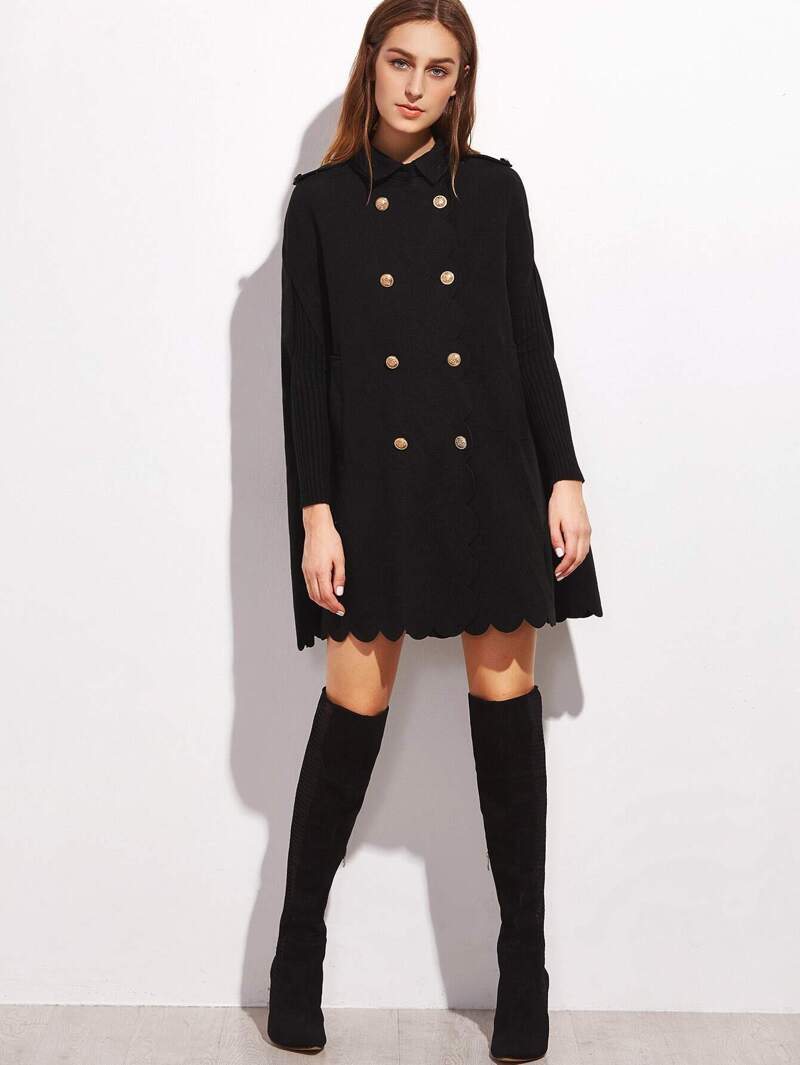

Black Double Breasted Scallop Edge Cape Coat