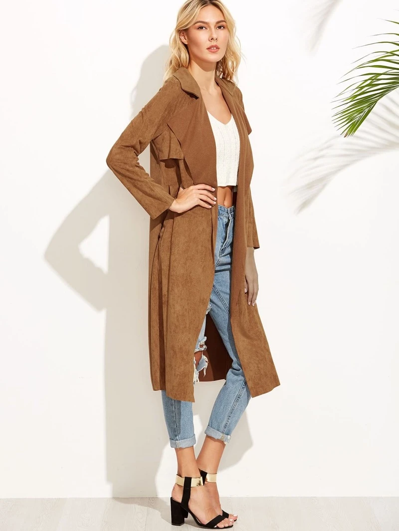 Womens Outwear Longline Lapel Suede Self Tie Duster Jacket Trench Coat Cardigan