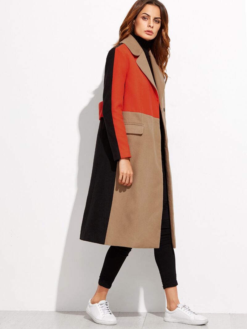 

Colorblock Double Breasted Coat, Camel