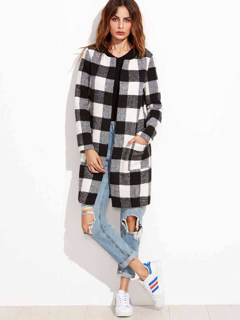 

Checkered Open Front Collarless Coat, Black and white