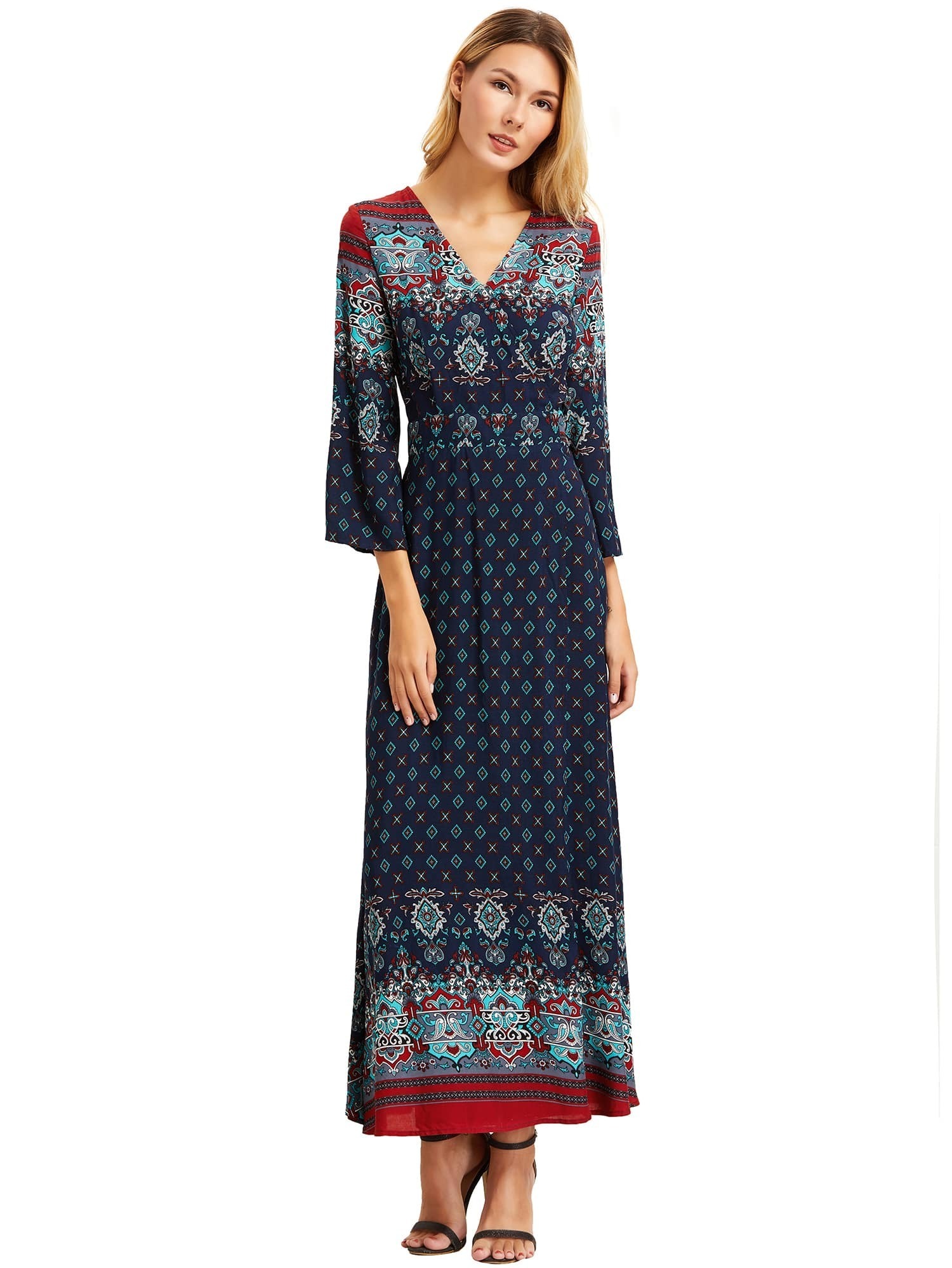 Split Neck Printed Layered Bell Sleeve Dress Split Neck Printed Layered Bell Sleeve Dress