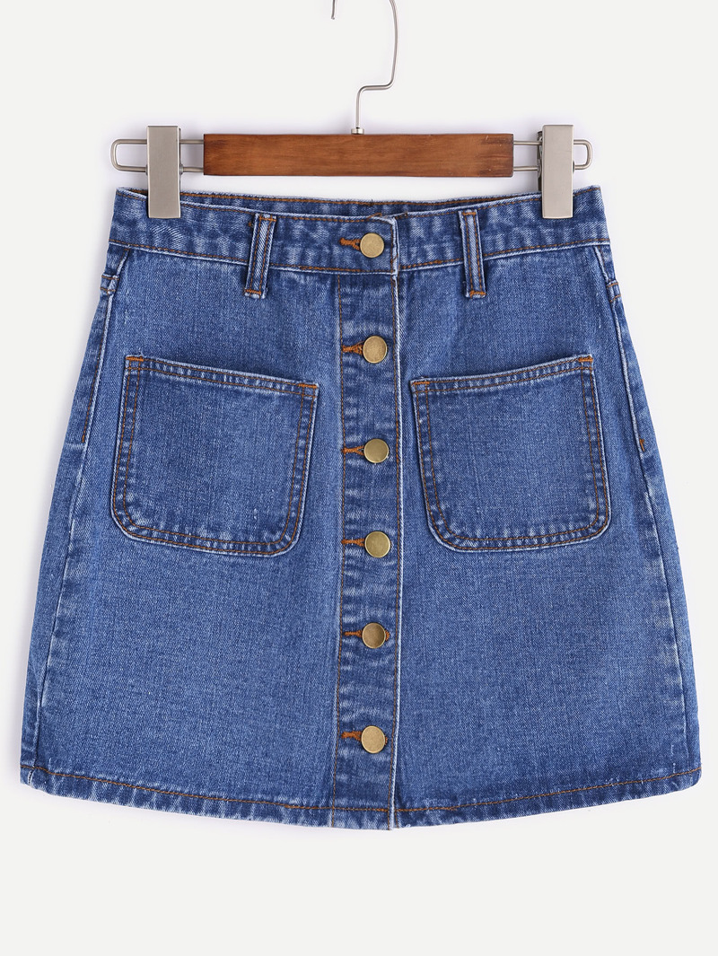 

Blue Single Breasted Dual Pockets Denim Skirt