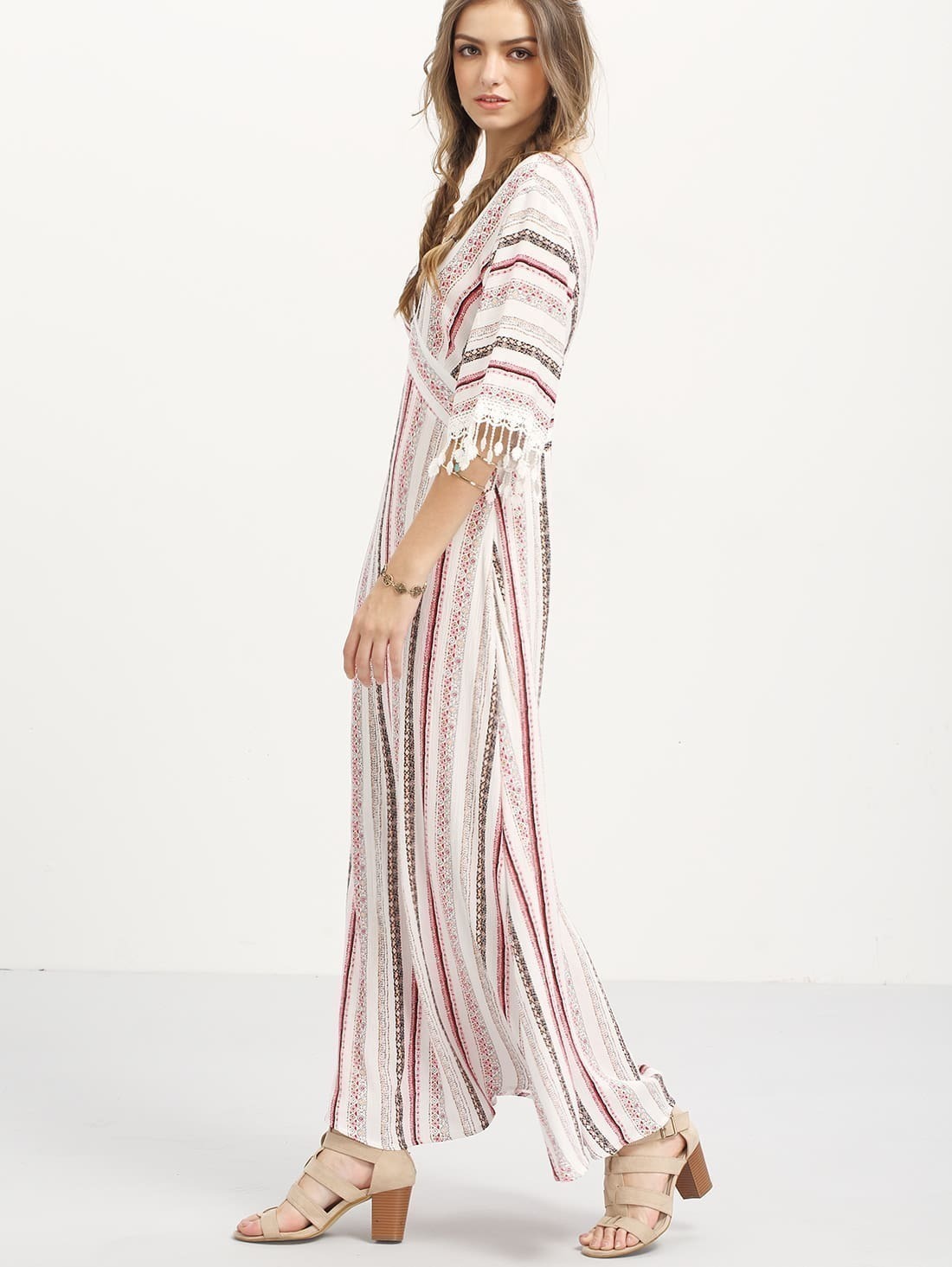 V Neck Half Sleeve Striped Maxi Dress
