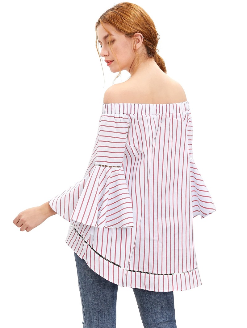 

Contrast Striped Off The Shoulder Bell Sleeve Blouse, Red
