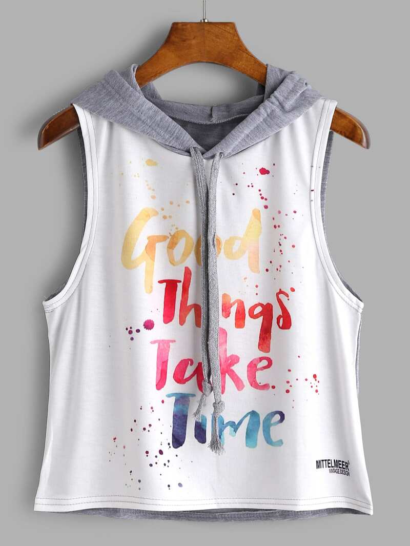 color block letter print sleeveless hooded top block letters to print
