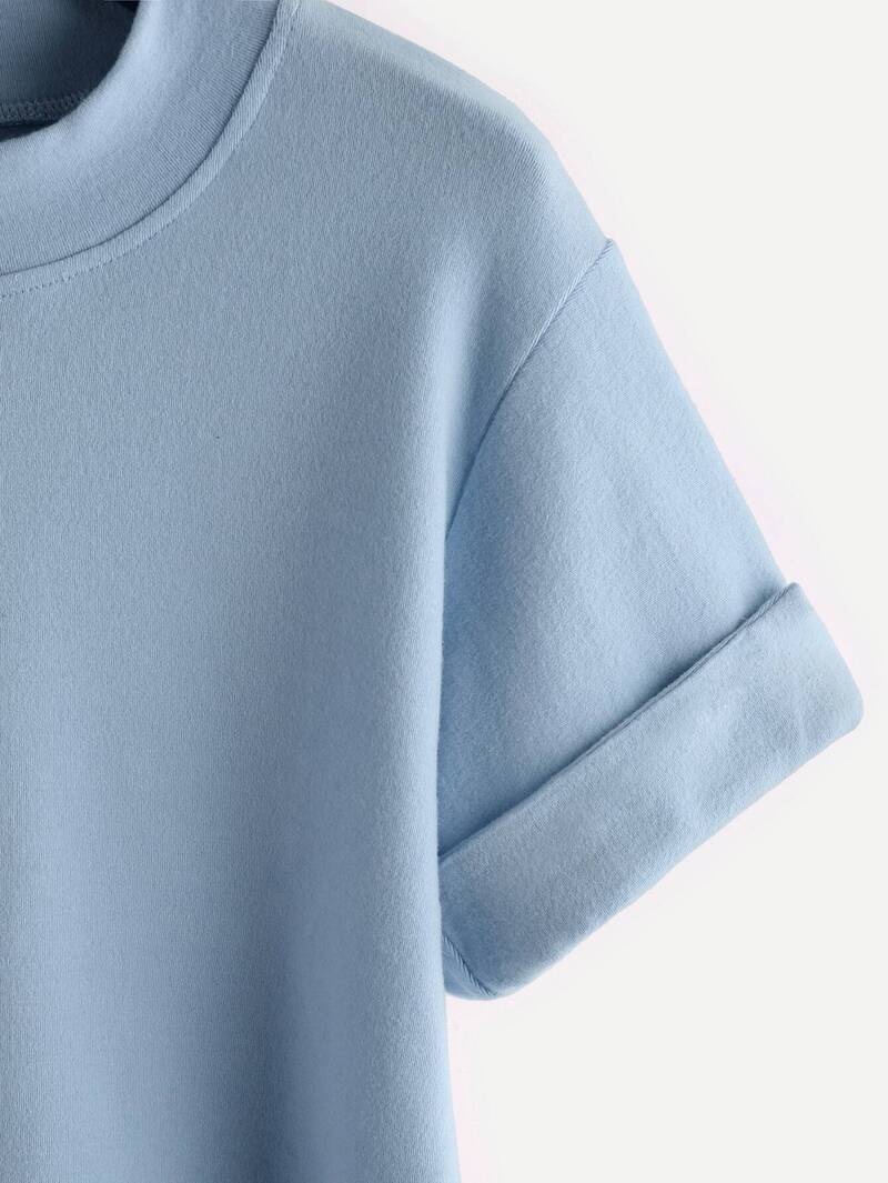 

Blue Mock Neck Cuffed T-shirt