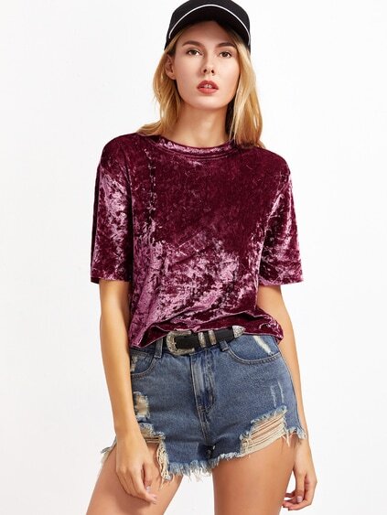 Burgundy Short Sleeve Crushed Velvet T-shirt