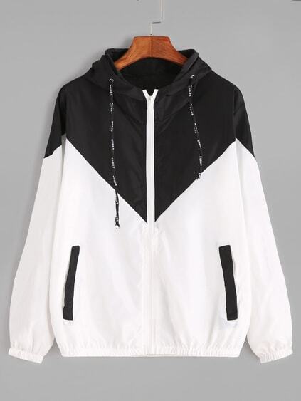 Contrast Drawstring Hooded Zip Up Jacket