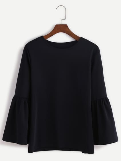 Black Round Neck Bell Sleeve T-shirt