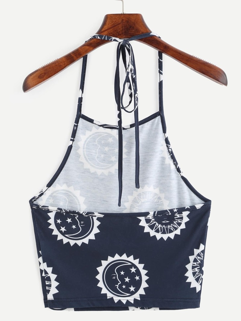 

Blue Print Halter Neck Backless Crop Cami Top, Navy