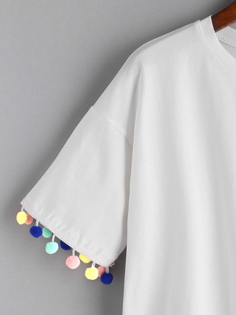

White Drop Shoulder Pom Pom T-shirt