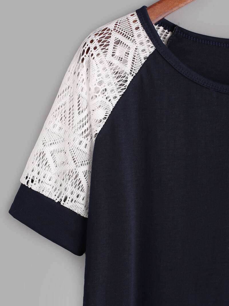 

Navy Contrast Lace Raglan Sleeve T-shirt