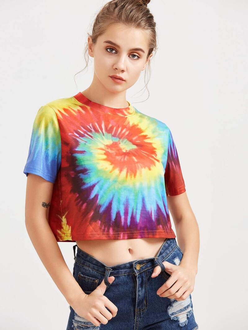 

Multicolor Tie Dye Print Crop T-shirt