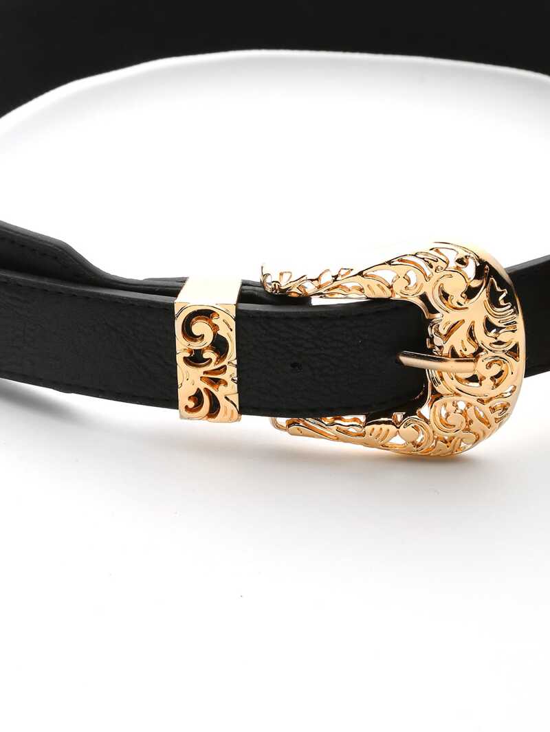 

Gold Hollow Out Trim Double Buckle Belt, Black