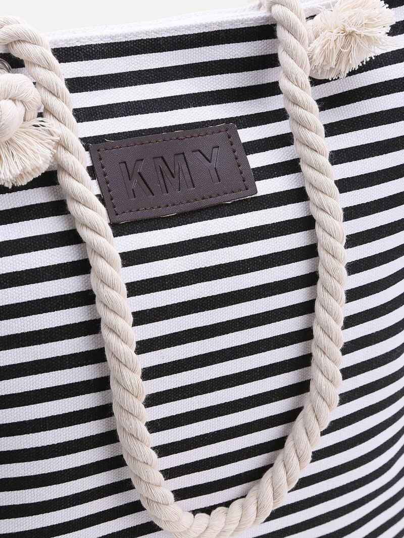 

Black Striped Print Tote Bag, Black and white