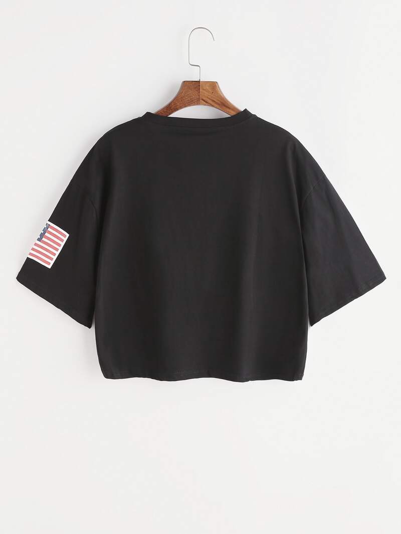 

Letter Print Drop Shoulder Crop T-shirt, Black
