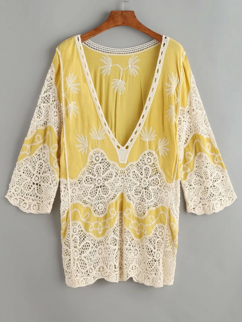 Lace V-Neck Eyelet Dress Yellow