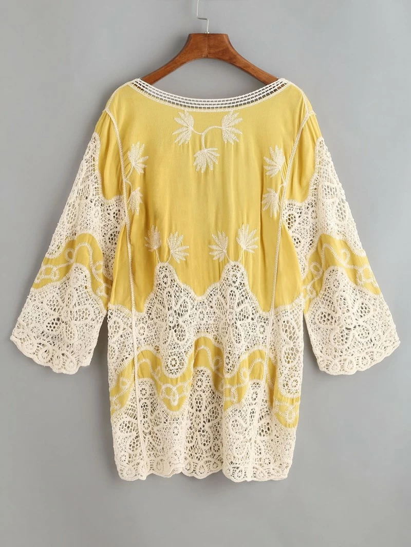 Lace V-Neck Eyelet Dress Yellow