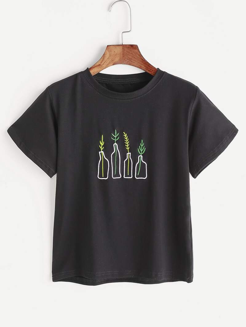 

White Plant Embroidery T-shirt, Black