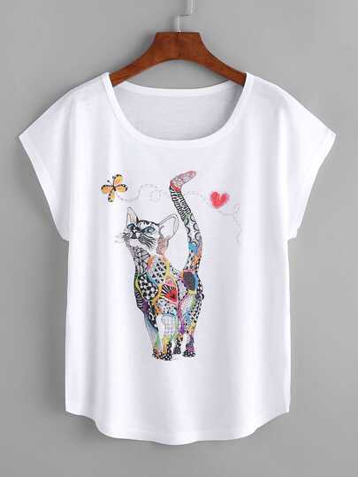 Camiseta suelta estampada de gato