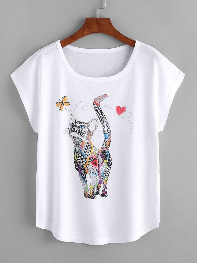 

Cat Print Loose Tee, White
