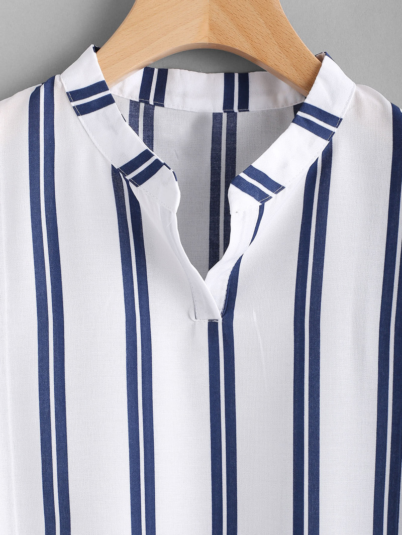 

Band Collar Stripe Print Blouse, Multicolor