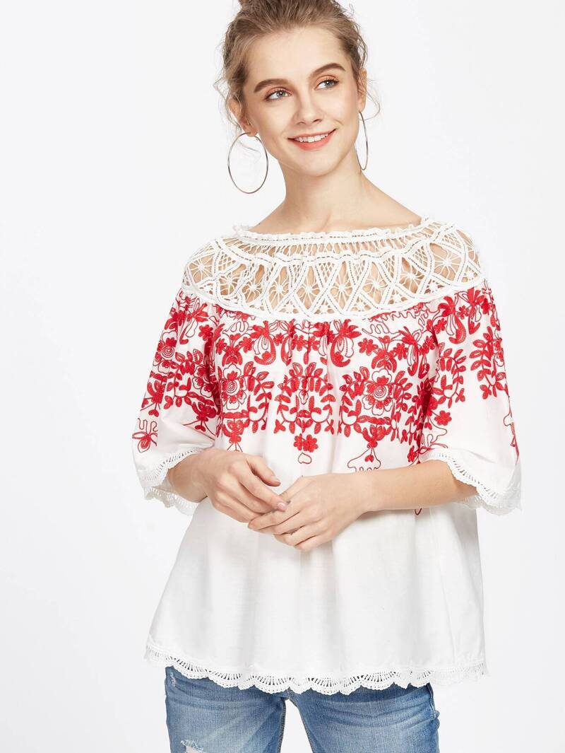 

Two Way Crochet Neck Vine Embroidered Top, Multicolor