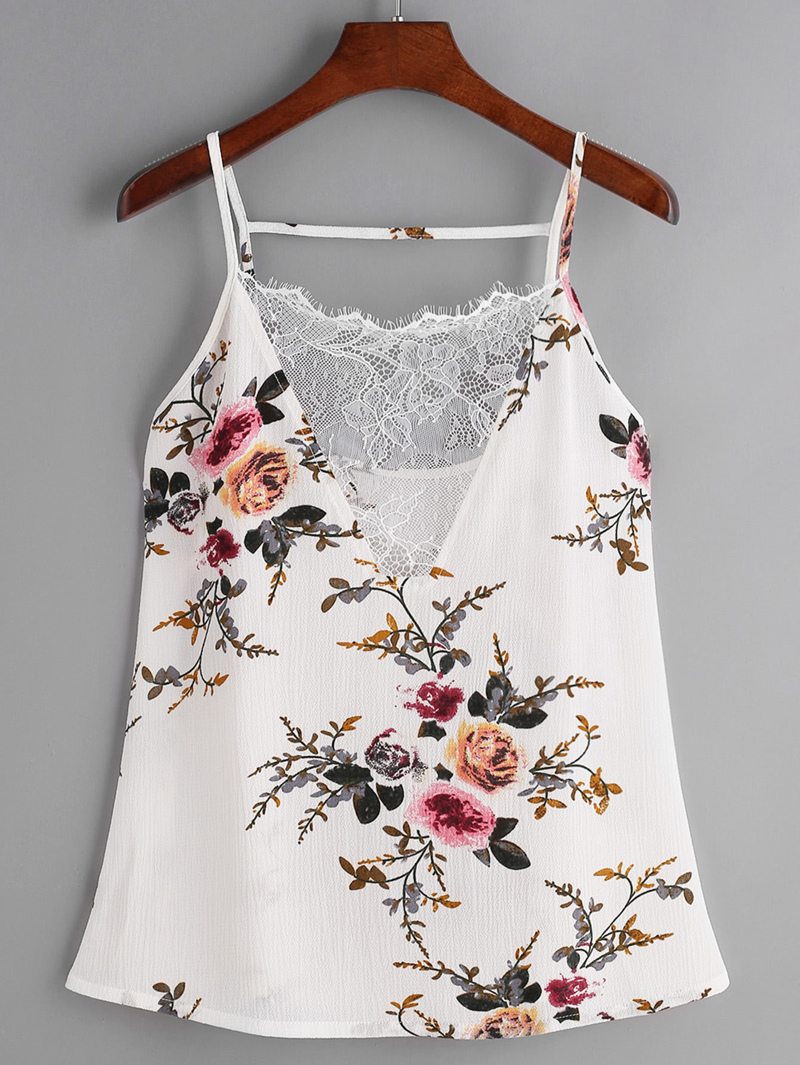 

Floral Print Lace V-Neck Cami Top, White