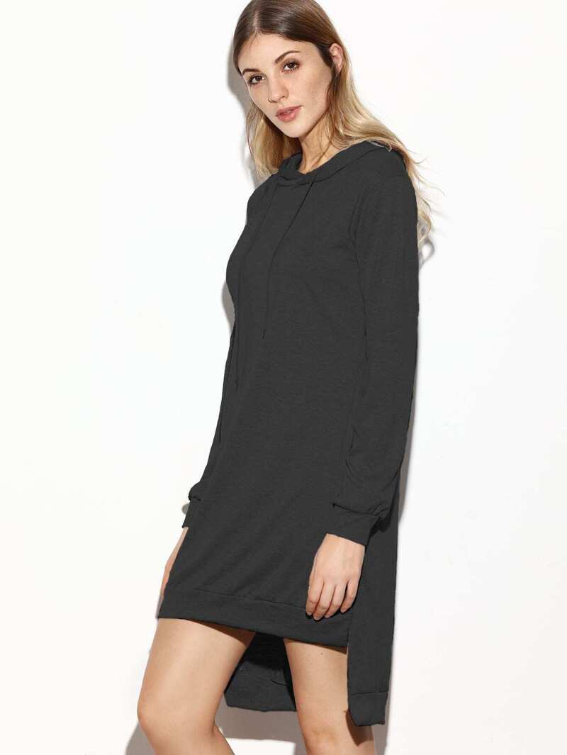 

Black Hooded Slit Side High Low Sweatshirt Dress