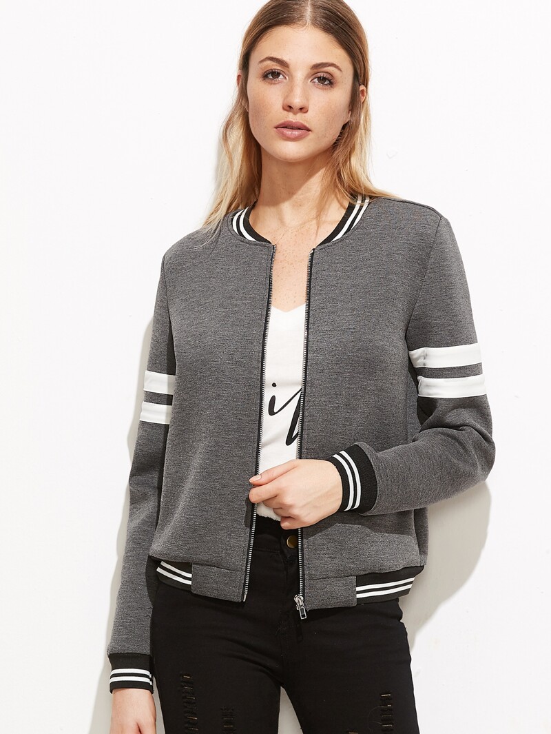 

Grey Striped Trim Zipper Up Bomber Jacket