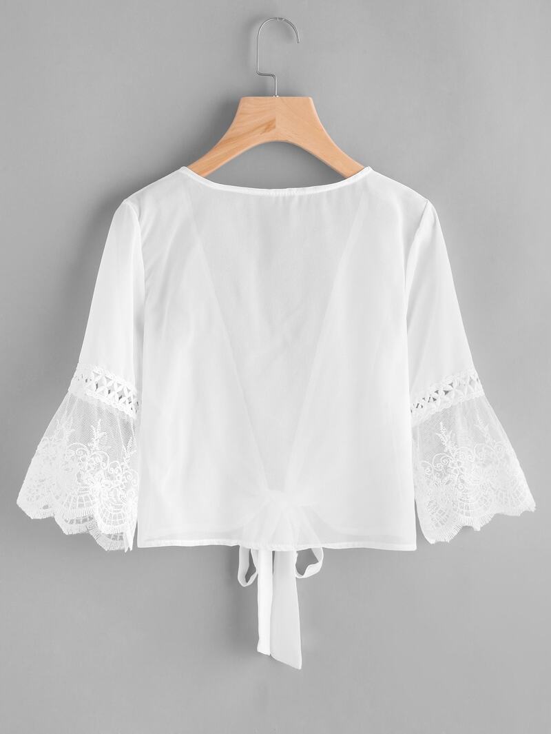 

Contrast Lace Fluted Sleeve Self Tie Chiffon Kimono, White