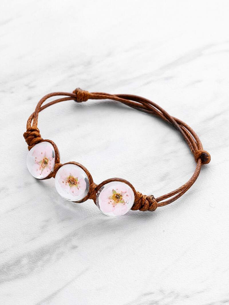 

Glass Flower Design Knot Bracelet, Brown
