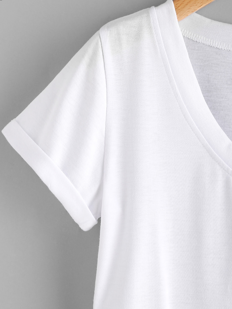 

V Neckline Cuffed Tee, White