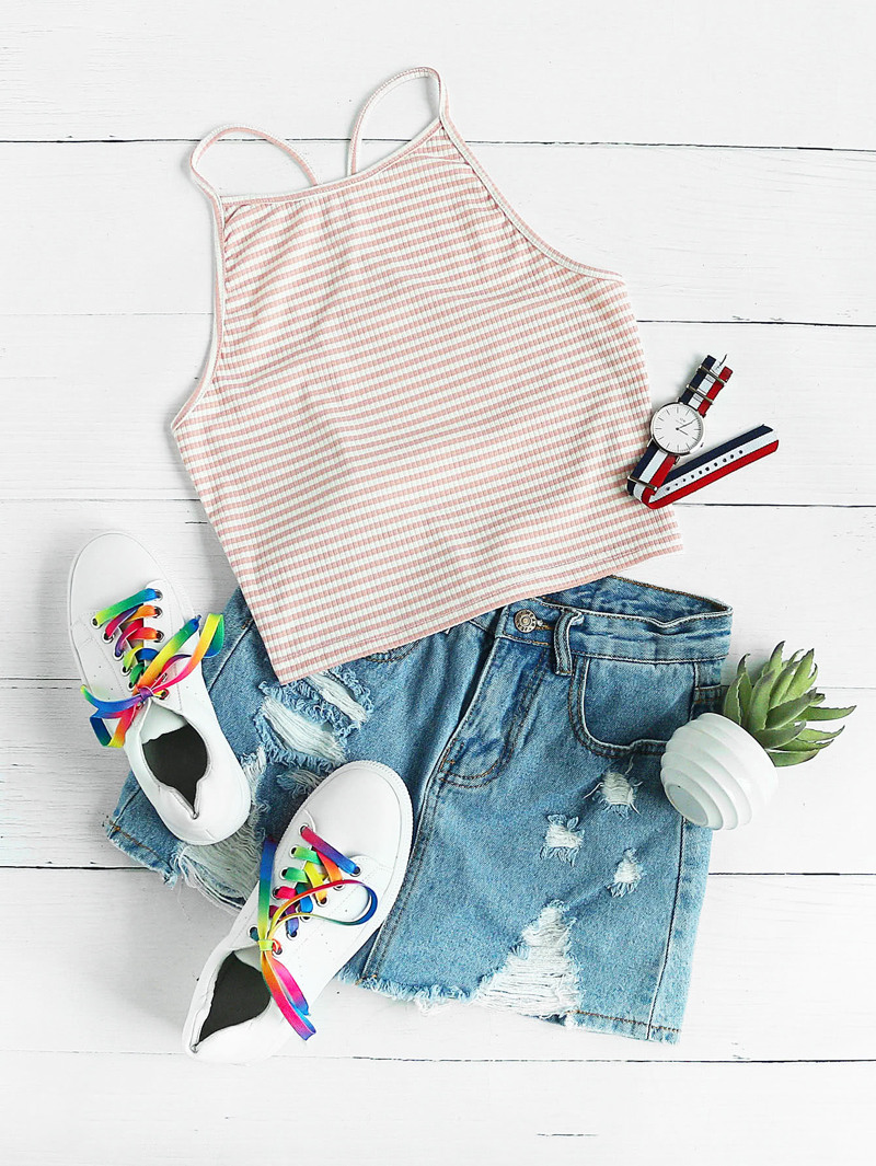 

Striped Crop Halter Top, Pink