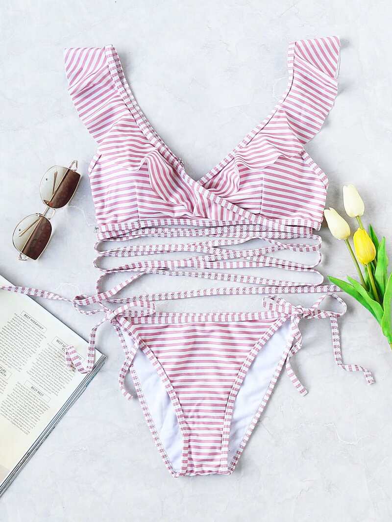 

Striped Ruffle Wrap Top With Side Tie Bikini, Multicolor