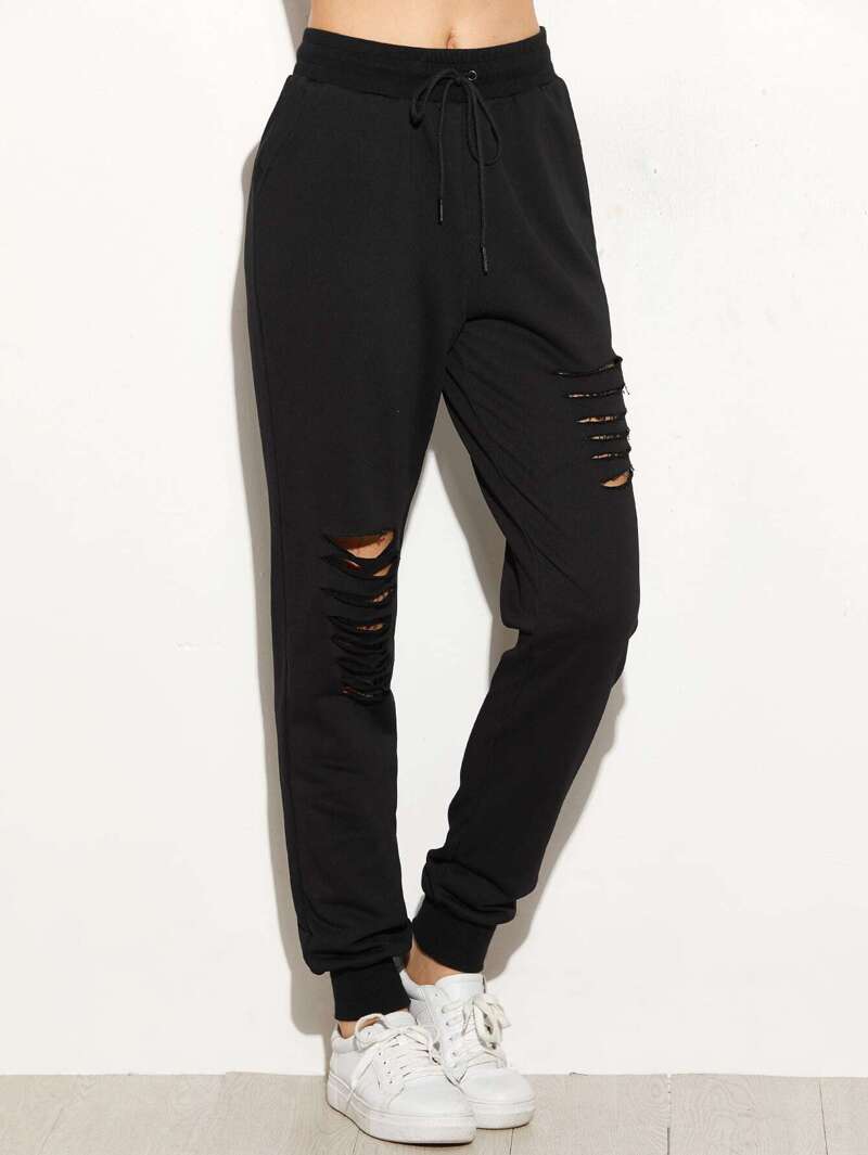 

Black Ripped Drawstring Sweatpants
