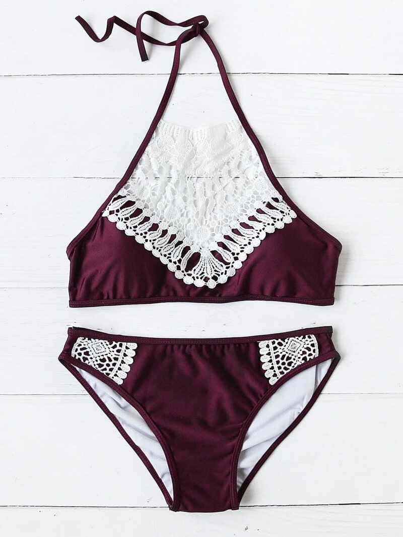 

Lace Crochet Halter Bikini Set, Purple