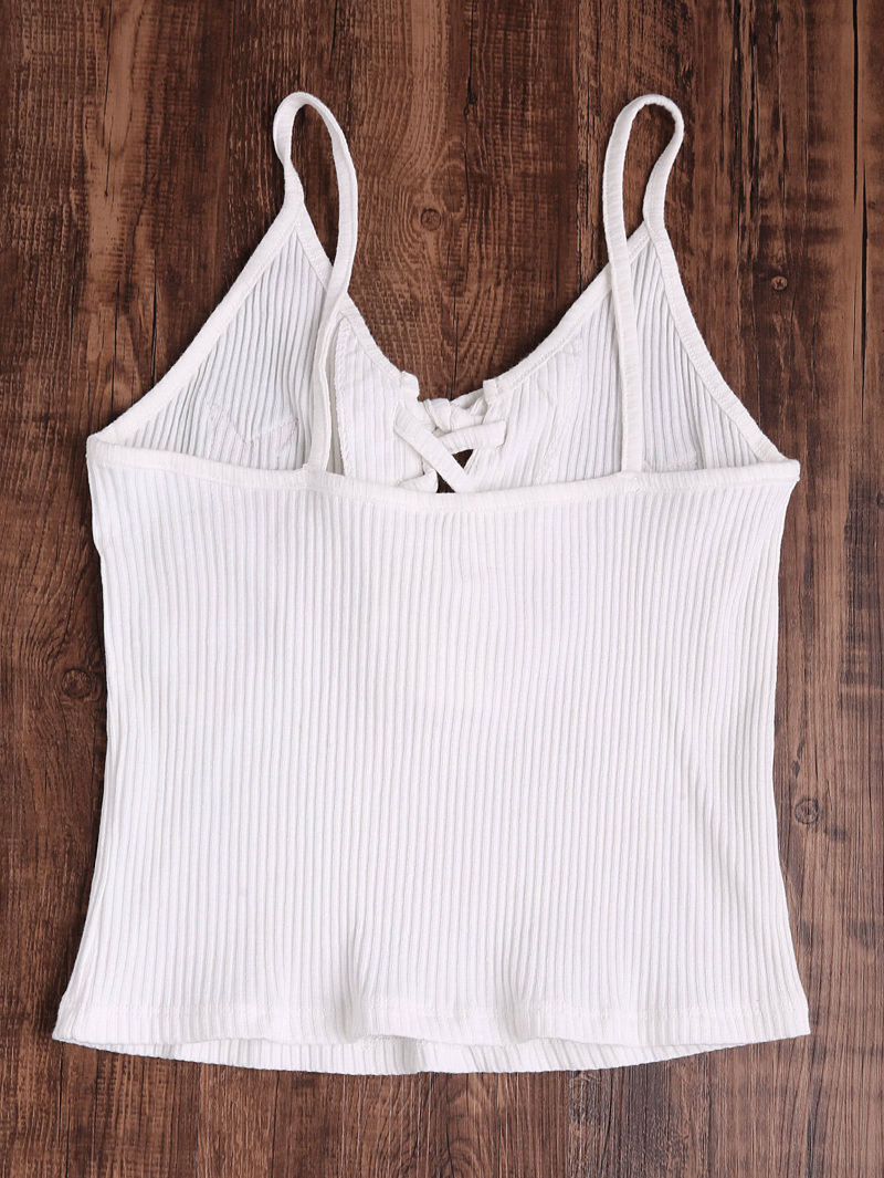 

Rose Embroidered Patch Lace Up Ribbed Cami Top, White