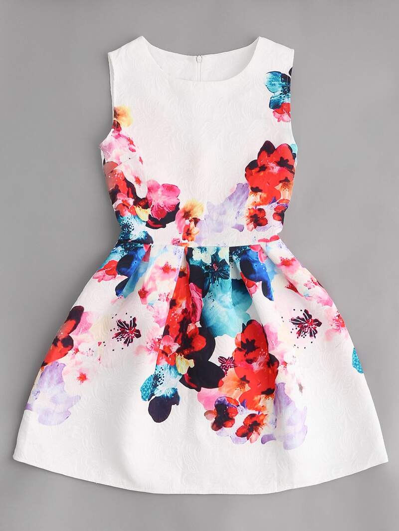 

Jacquard Floral Box Pleated Dress, Multicolor