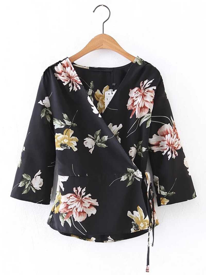 

V-Neckline Floral Tie Waist Wrap Top, Black