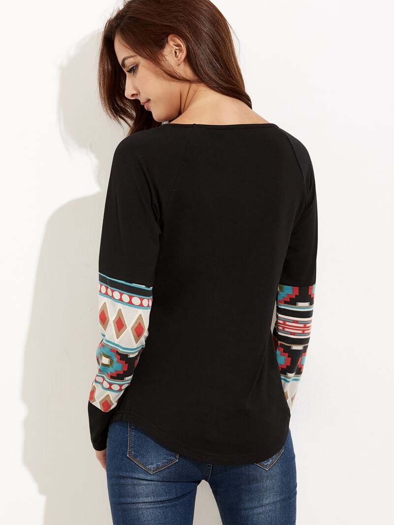 

Tribal Sleeve And Pocket Curved Hem T-shirt, Multicolor
