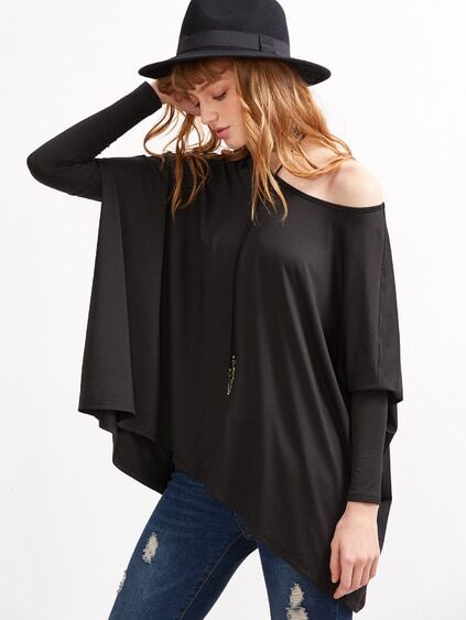 Black Boat Neck Oversized Dolman Sleeve T-shirt