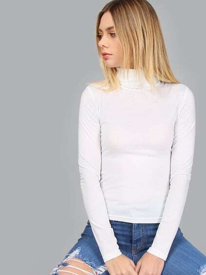 White Turtleneck Long Sleeve Slim Fit T-shirt