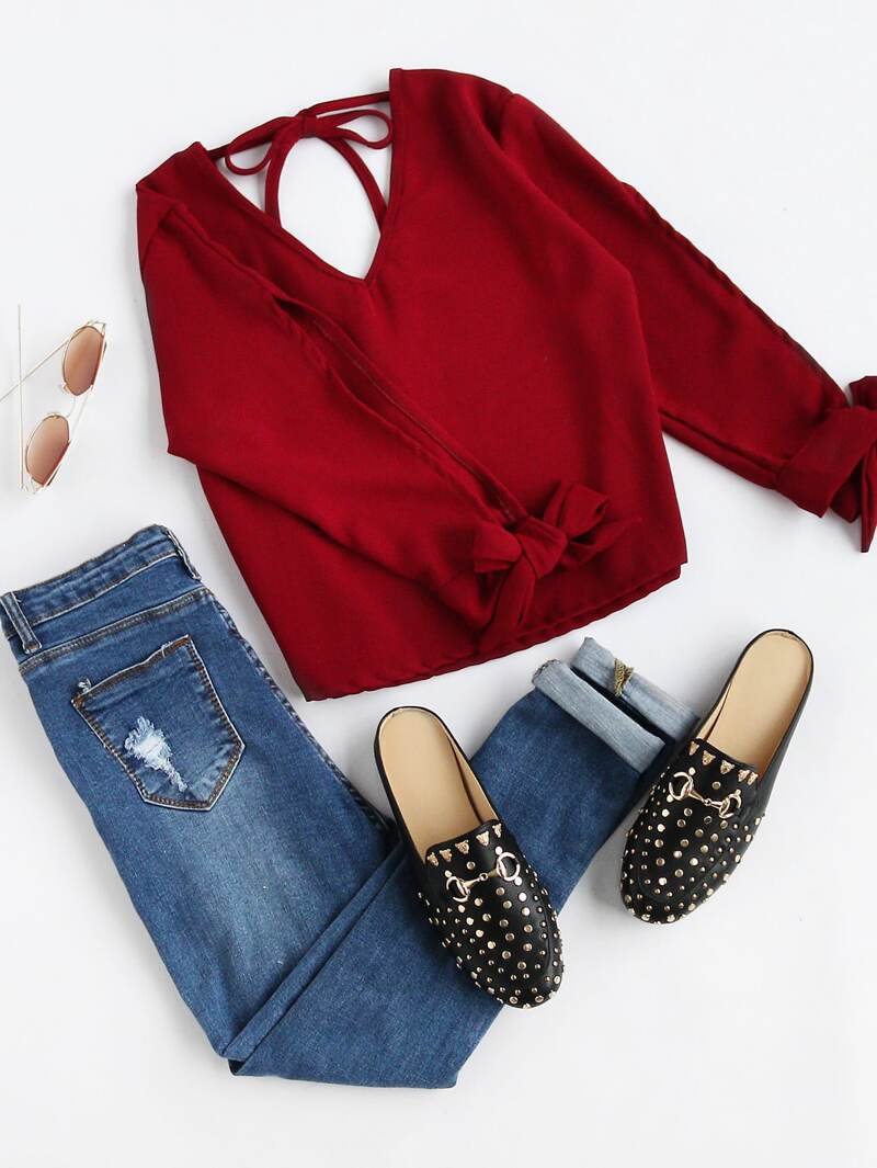 

Self Tie Back Bow Tie Split Sleeve Blouse, Burgundy