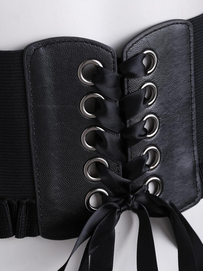 

Frill Trim Eyelet Lace Up Corset Belt, Black